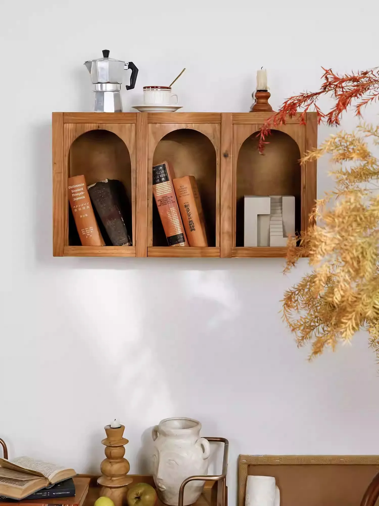 Vintage Wooden Wall Shelf, Arched 3-Compartment Display, Wall-Mounted Organizer, Rustic Home Decor