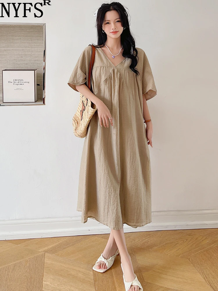 

NYFS 2024 Summer New Korea Fat MM Woman Dress Vestidos Robe Elbise Loose Plus Size Short Sleeve Solid Long Dresses