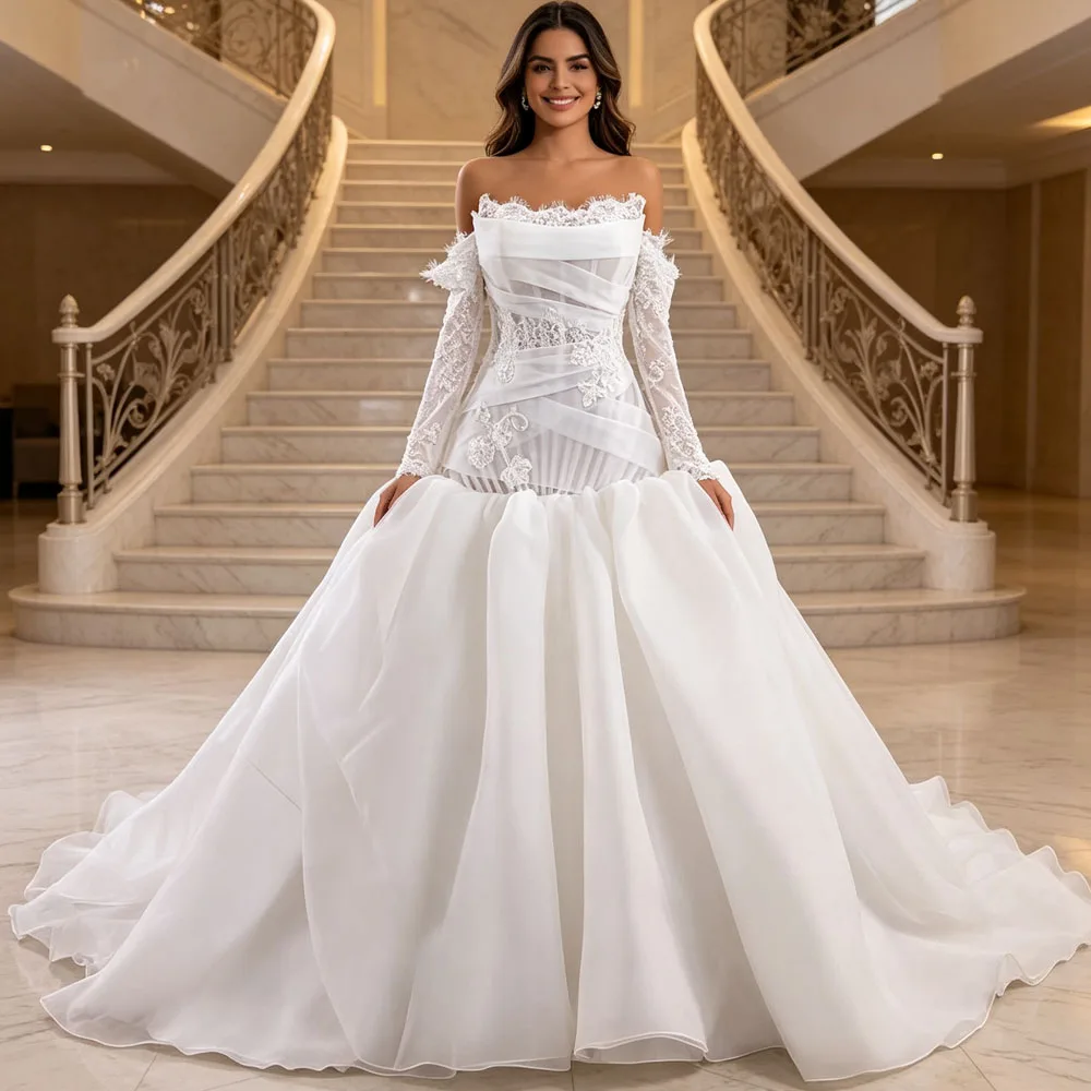 Elegant Strapless Long Sleeves Lace Up Back Bridal Dress Beading Embroidery Wedding Dress Customized Mermaid