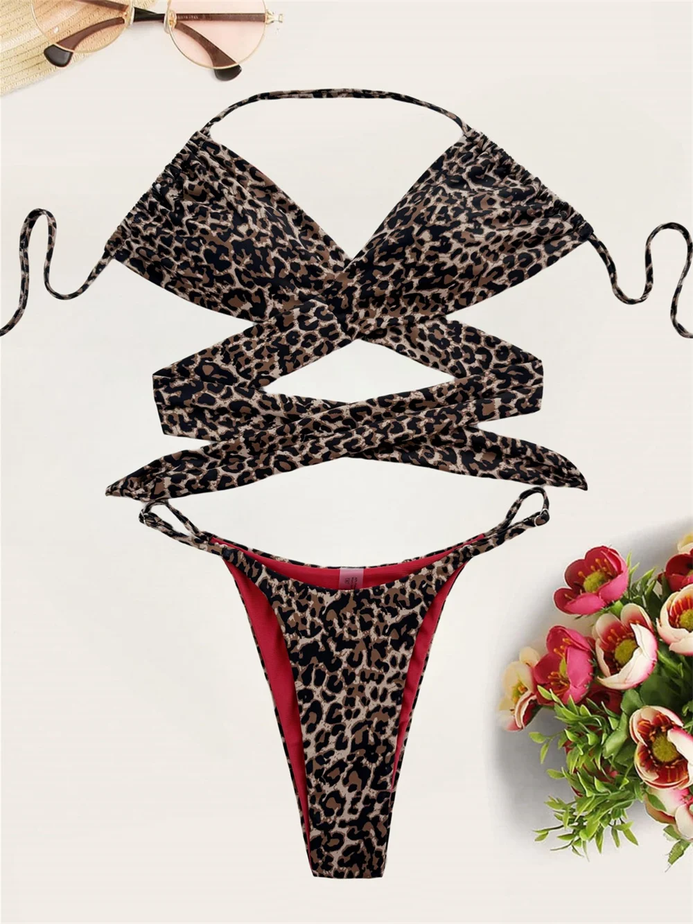 

Sexy Halter String Leopard Bikini Bandage Backless Extreme Swimsuit Push Up Vacation Swimwears Women Beach Tanga Bathing Outfits