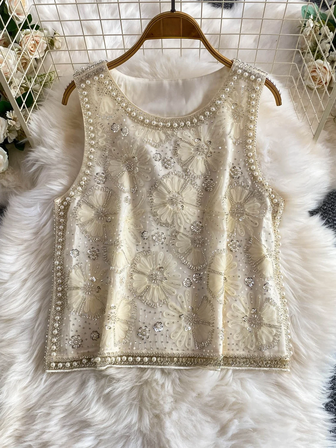  round Neck Embellished Vest Top Women's Summer Party Youthful Reduction Goddess Style Fashionable Commute Loose Fit