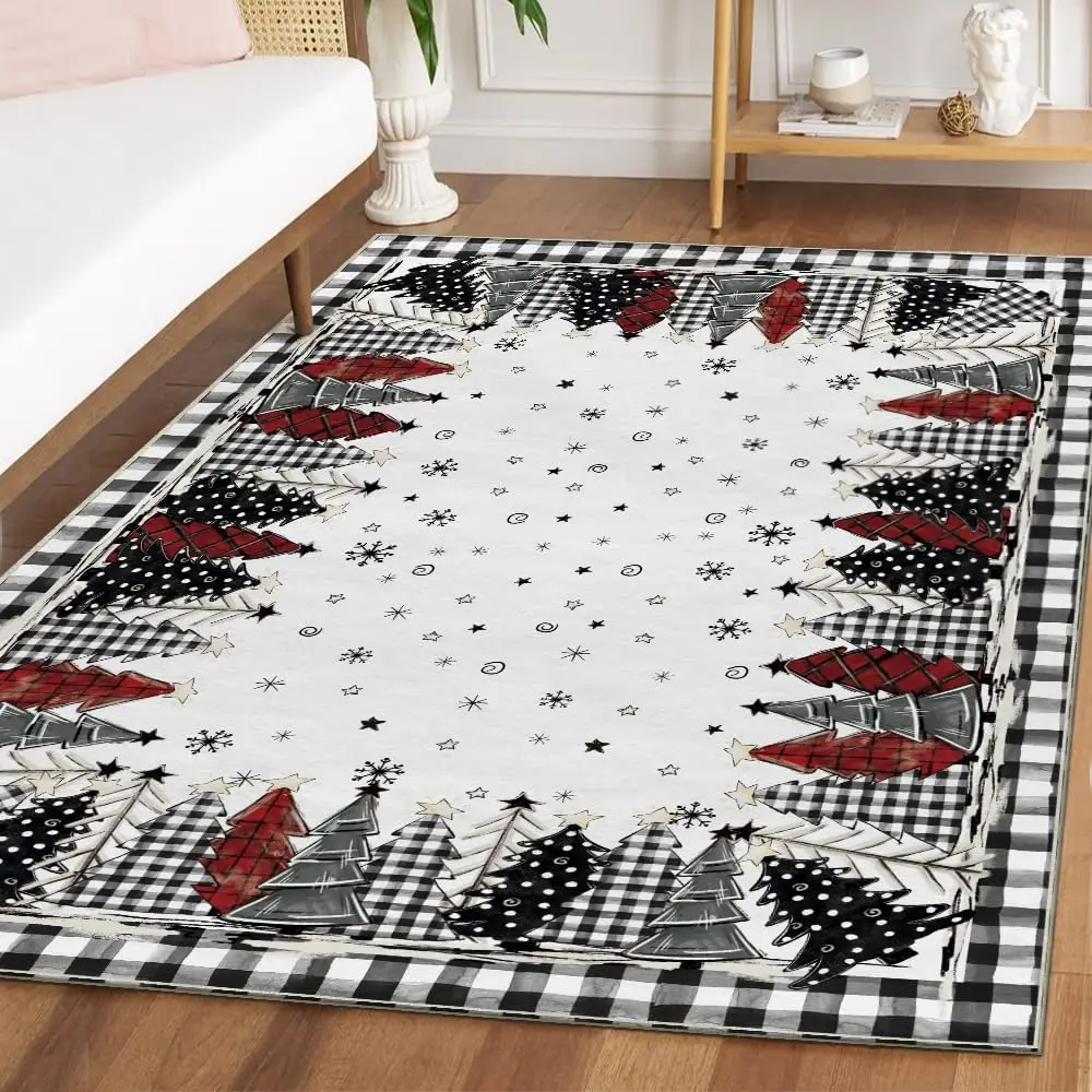 Watercolor Buffalo Plaid Xmas Tree Merry Christmas Area Rug,Winter Home Decor Low-Profile Washable Area Rugs for Entryway