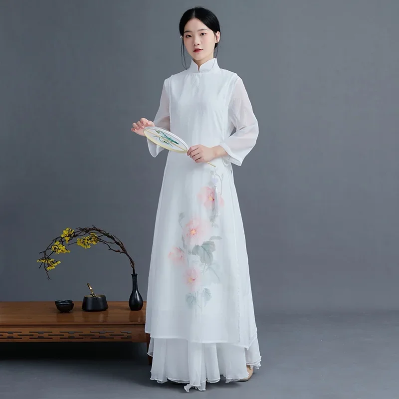 

Lady Set 2024 Spring Summer Women'S Hand Painted Cheongsam Slim Long Qipao Ao Dai Dress Wide-Leg Pants Two Piece Suit 12861