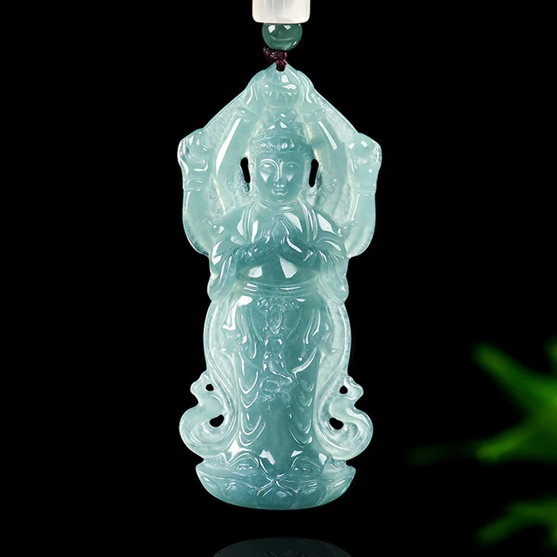 

Authentic Natural A-Quality Jadeite Blue Water Three-Dimensional Thousand-Hand Guanyin Pendant Ice Jade Necklace Jewelry