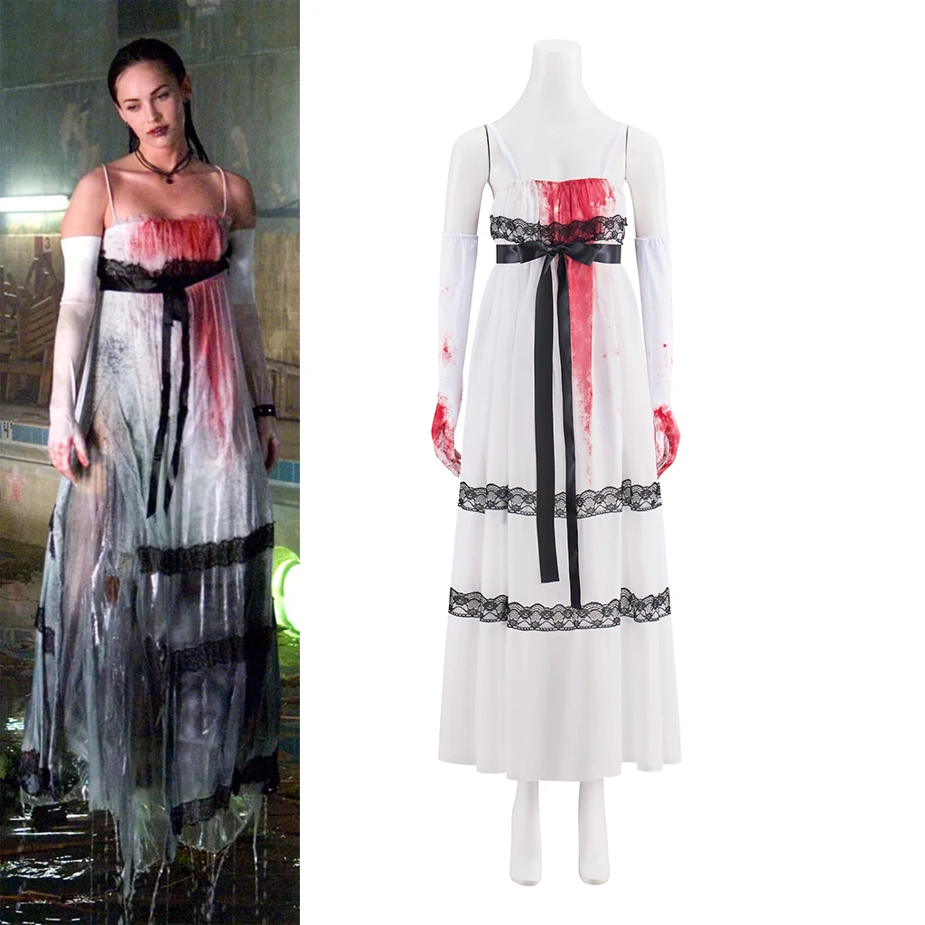 Jennifer's Body Weißes Kleid mit blutigem Cosplay-Kostüm, Halloween-Mottoparty, Cosplay-Outfits, Damen-Kostüm mit Jennifer's Check