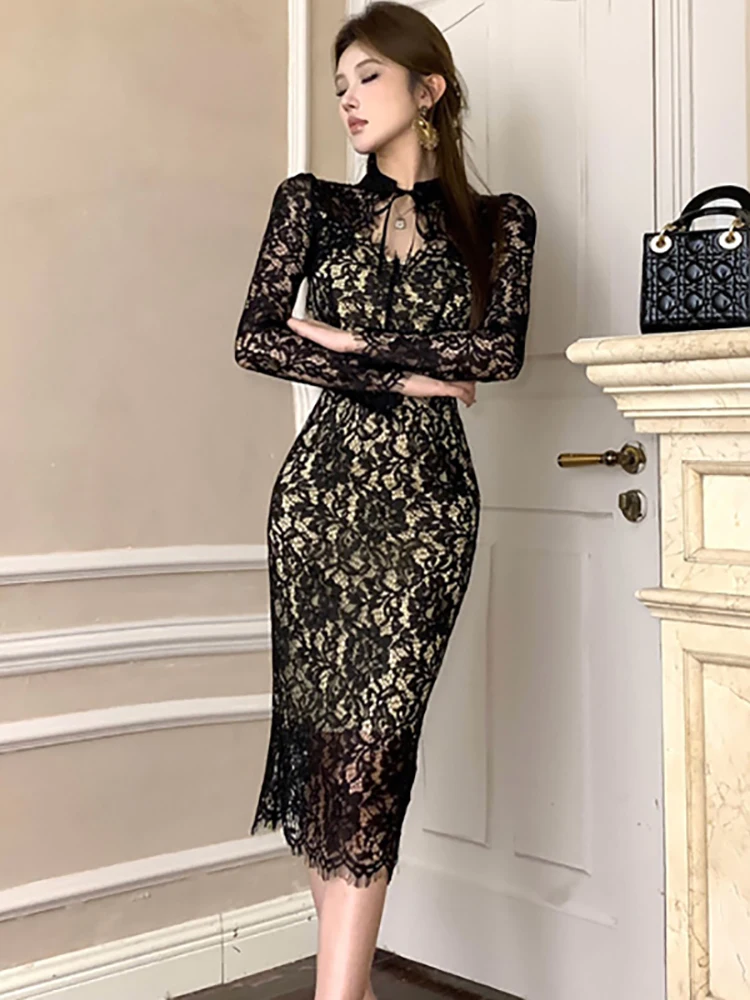 

2025 черное кружевное жаккардовое сексуальное платье с воротником-стойкой, женское винтажное роскошное вечернее платье, осенне-зимнее корейское праздничное платье