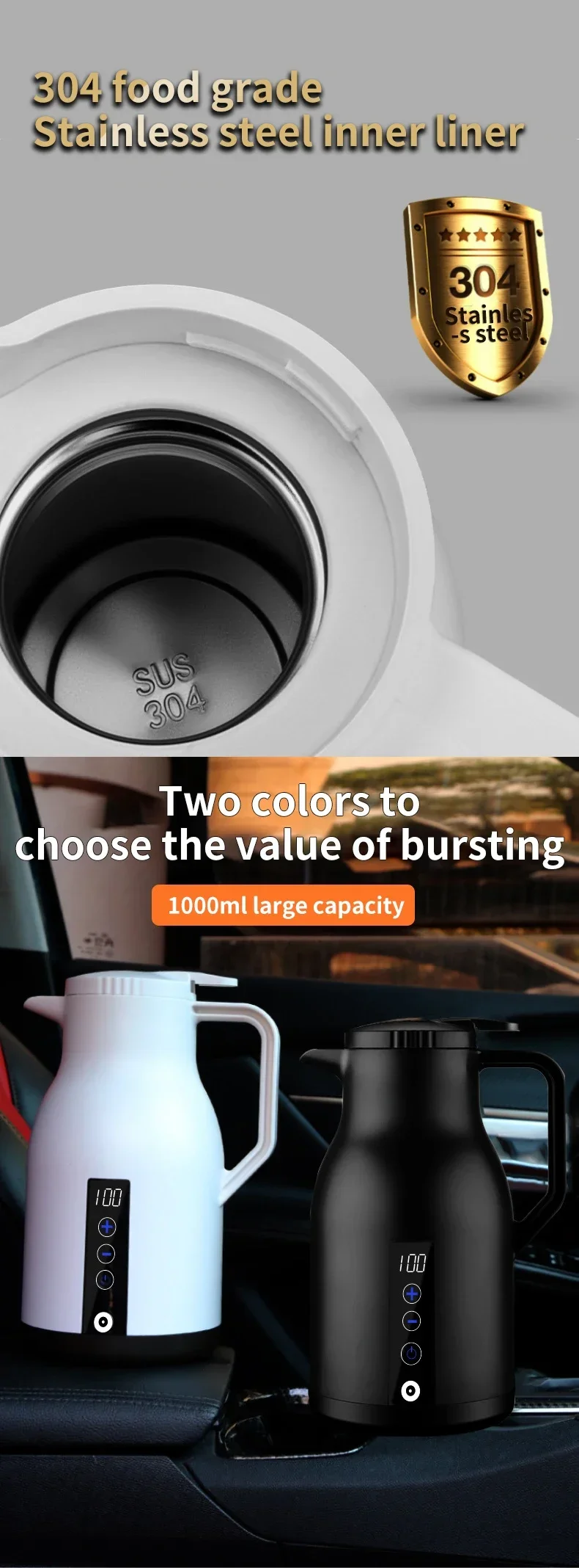 Description Picture 4 of itemNew digital display car electric kettle car 12v24v large truck boiling kettle large capacity insulation 1000ML