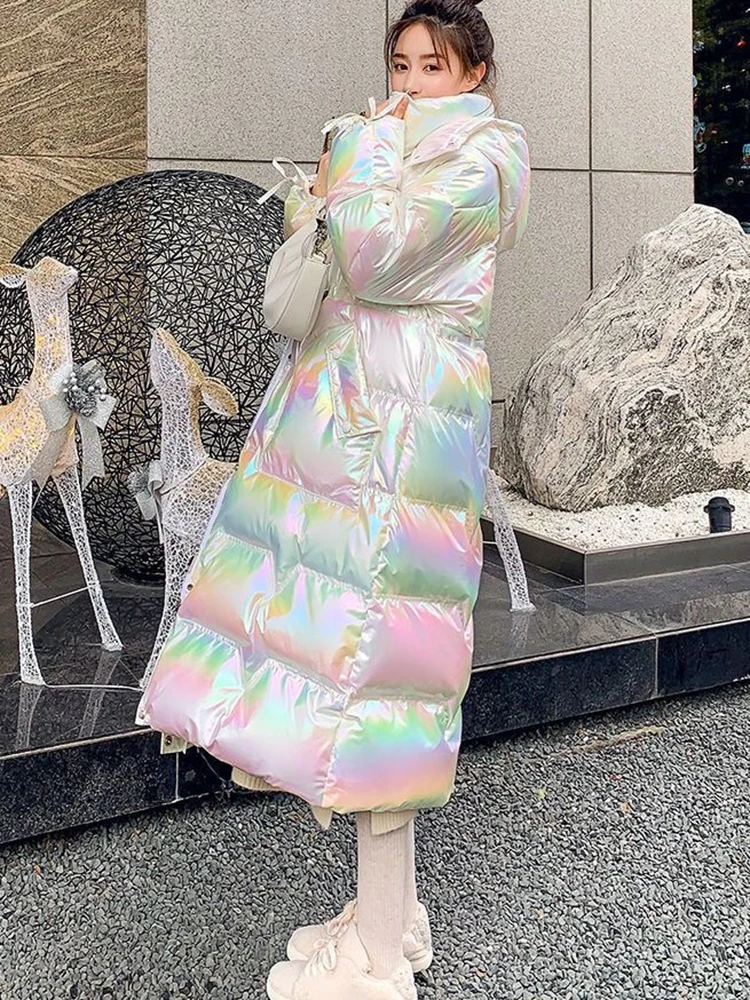 Winter New Glossy Waterproof Long Parka Women Winter Long Shiny Colorful Thick Loose Jacket Large Thick Down Cotton Outerwear