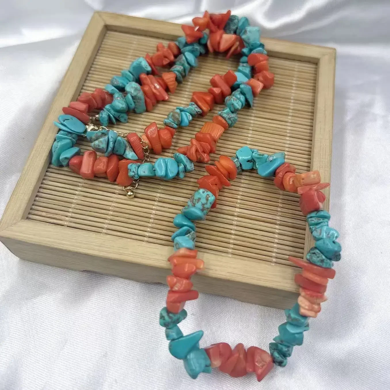 

6-8mm Small Chips Natural Sea Bamboo Orange Coral Turquoise Female Collar Necklace Bracelet Jewelry Set 17" 7"