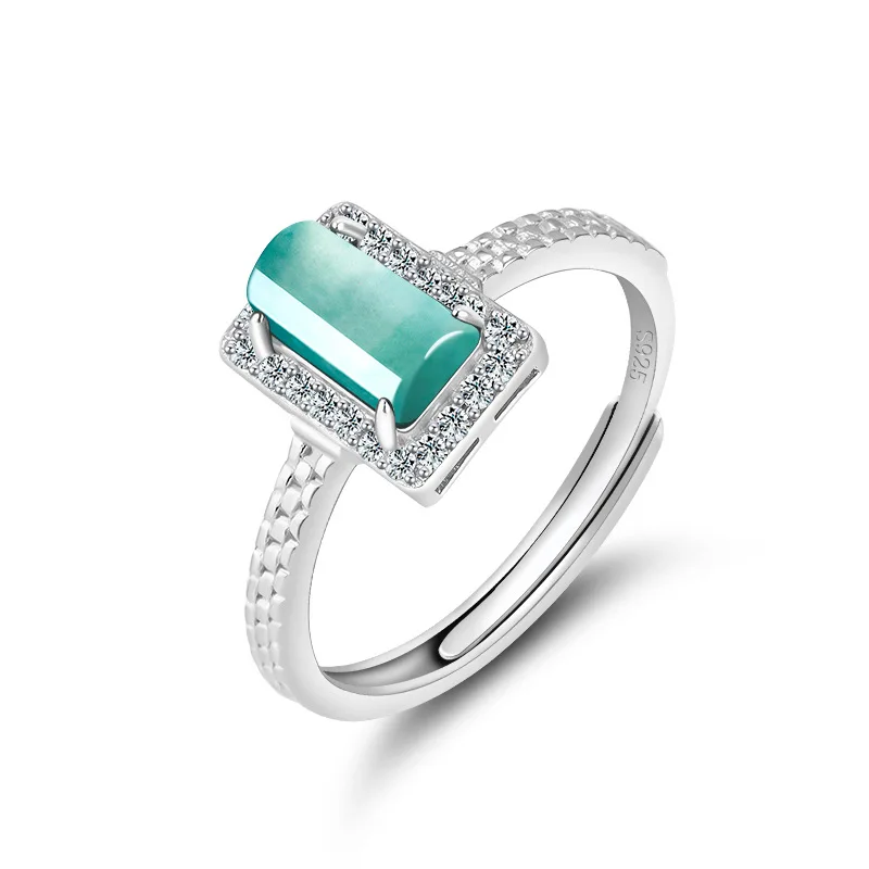 

Natural authentic A-grade jade blue water saddle ring ice seed jade S925 silver inlaid fashionable ring for women adjustable