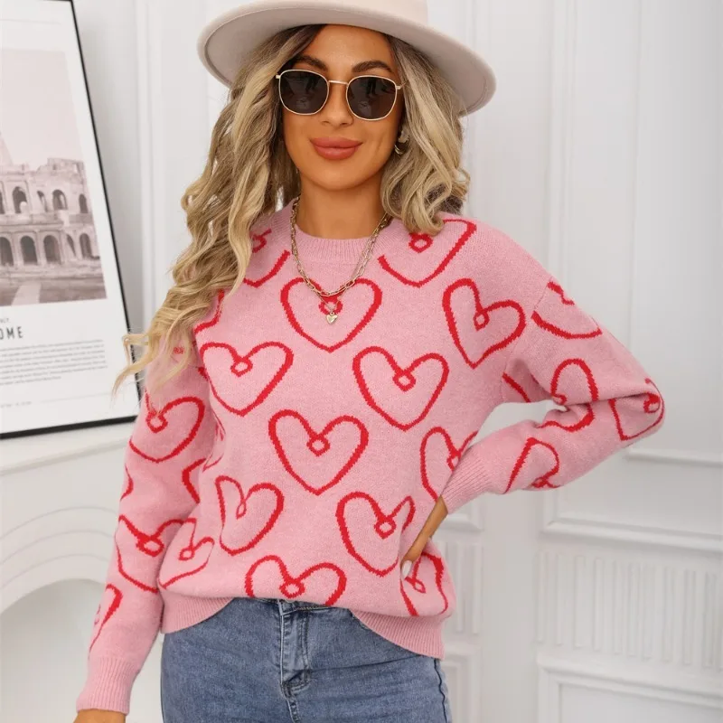 Pull à manches longues et col rond pour femme, pull décontracté à motif de cœur, ample, quotidien, rue, automne hiver, 2025