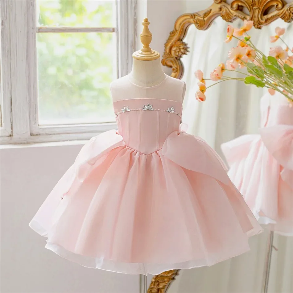 Gorgeous Girls Pink Tulle Short Formal Dress Rhinestone Big Bow Princess Birthday Holiday Banquet Photoshoot Party Gown ASQ03
