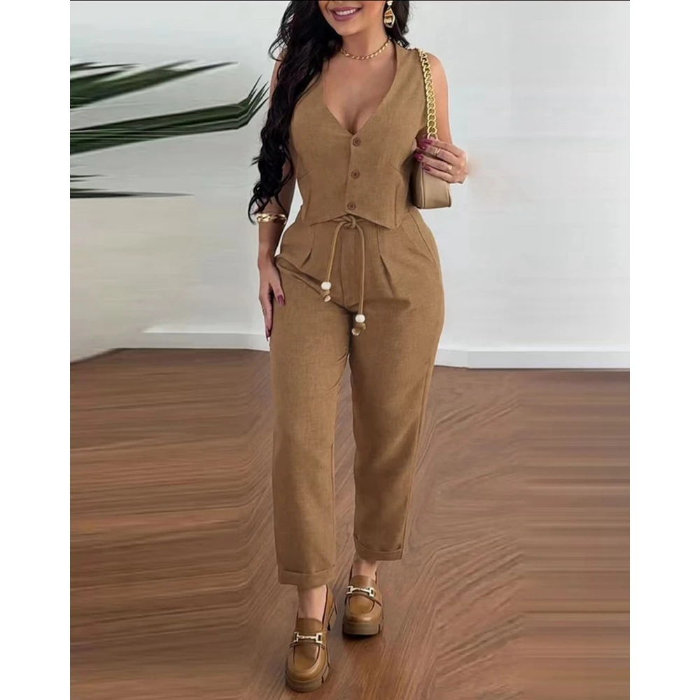 Summer Korean Women V-Neck Buttoned Vest Top & Pocket Design Tied Detail Ruched Pants Set Elegant Lady Work Wear