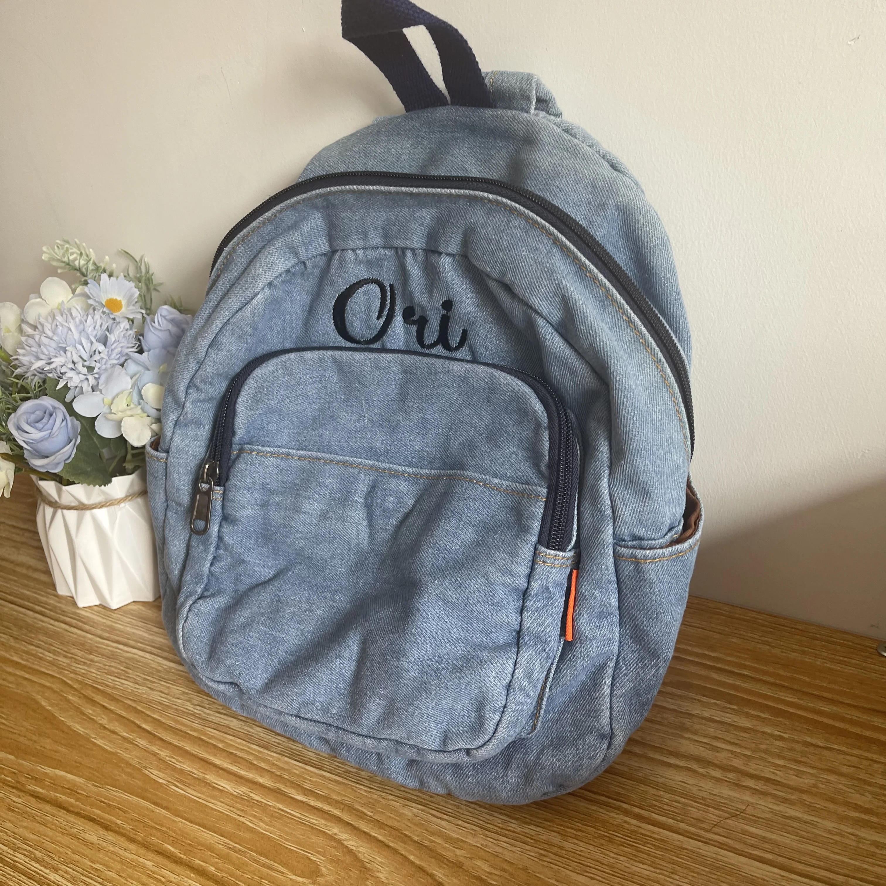 Women Denim Backpack Custom Embroidered Name Student Outgoing Shoulder Bag Personalized Simple Denim Small Backpacks Unique Gift