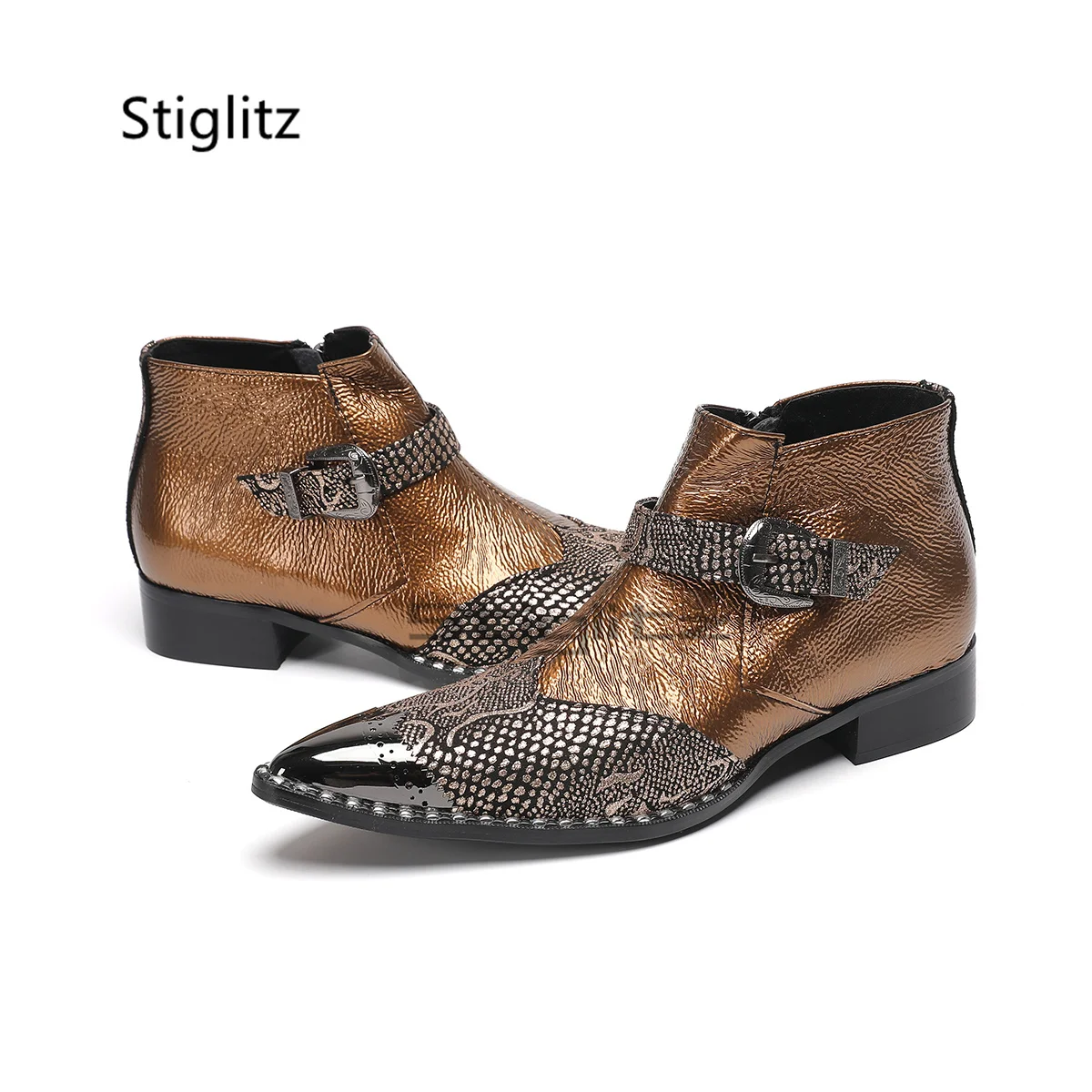 Sepatu Bot Chelsea Sambungan Pria Sepatu Bot Pendek Ujung Lancip Logam Gesper Sabuk Sepatu Gaun Perjamuan Pesta Hak Rendah Kulit Asli