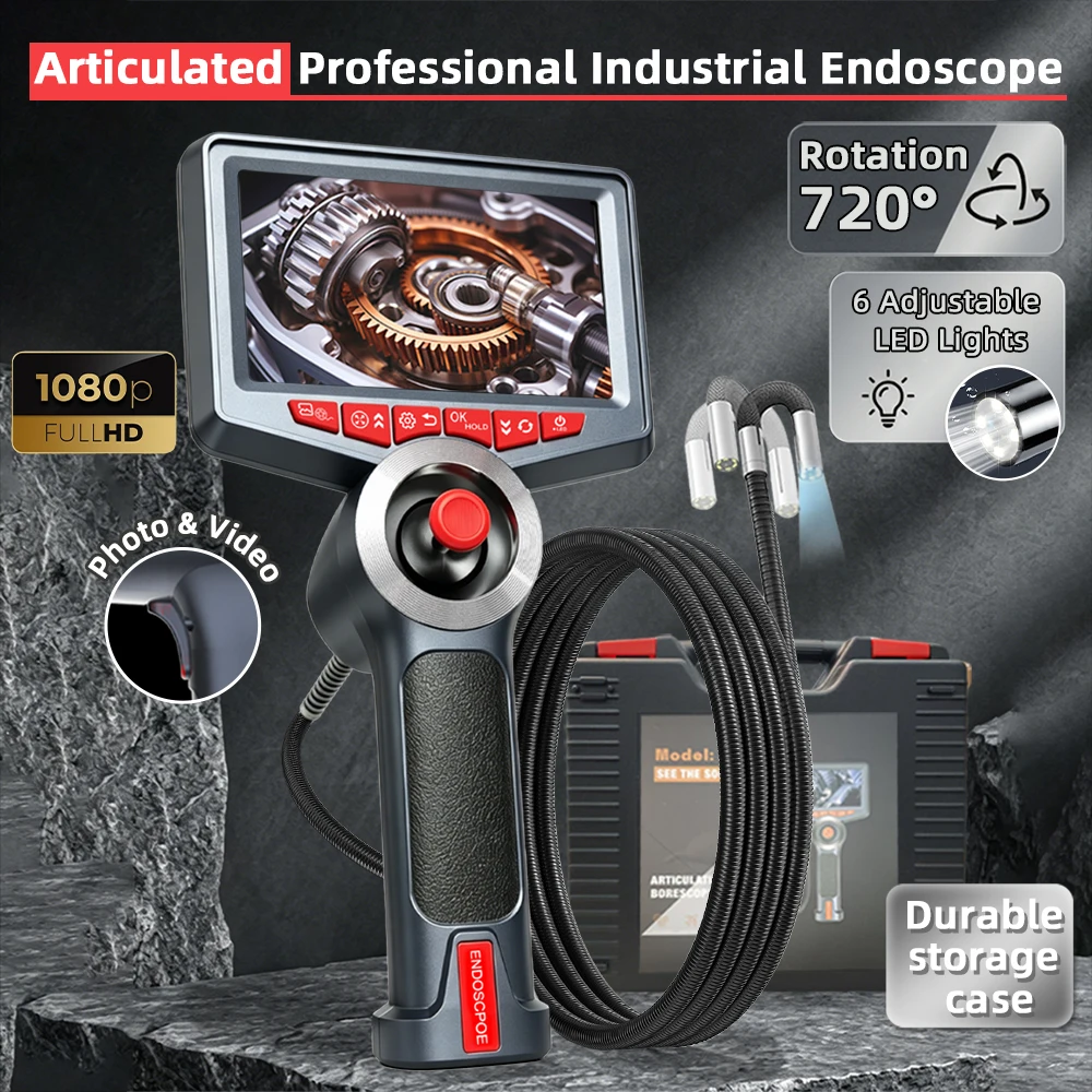 AOSUN A50 4.5 Inch IPS Screen Four Way 180° Articulating Borescope 6.2mm Lens Endoscope Camera 1m endoscope tube