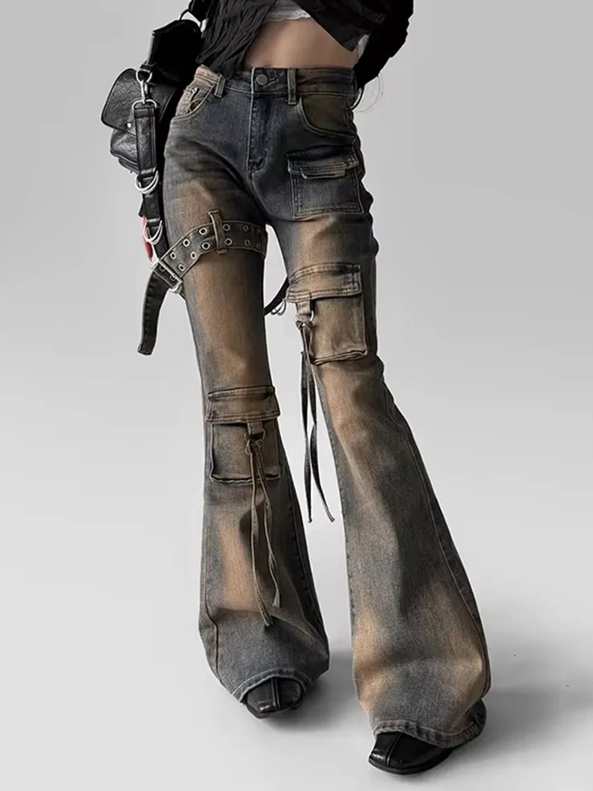 

Women Low Waist Cargo Flare Jeans Y2k Vintage Distressed Belted Fitted Bootcut Pants Bell Bottoms Korea Streetwear