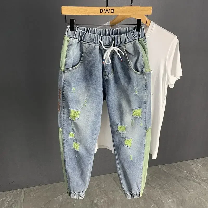 

Man Cowboy Pants Oversize Trousers Broken Ripped with Holes Men's Jeans Torn Harem Cropped Cotton Casual Denim Summer Regular Xs