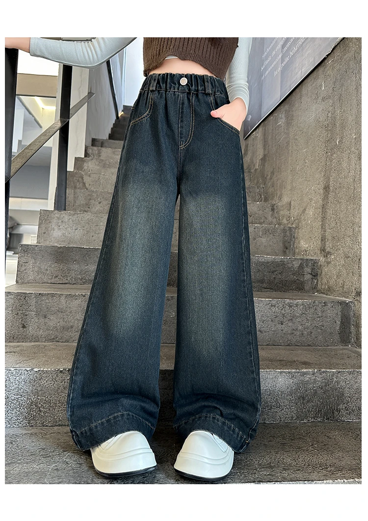 Modische High-Waist-Jeans mit weitem Bein für Teenager-Mädchen, Streetwear, lockere Denim-Hose, gewaschene dunkelblaue Jeans, Hose, Größe 5-14. – Detail 2
