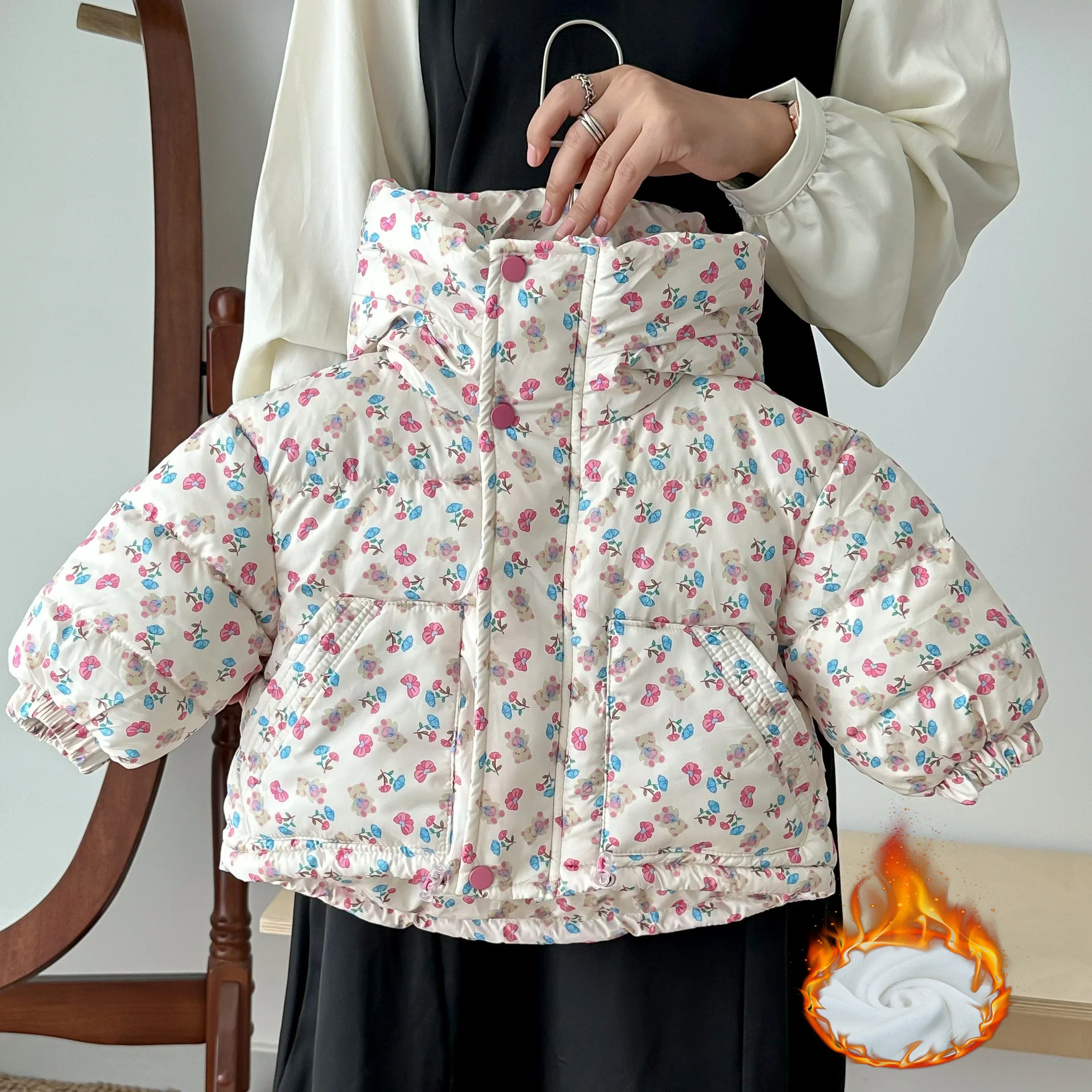 

Girls Down Coats Kids Plus Velvet Floral Down Jackets Winter Children Padded Warm Clothing New Baby Hooded Print Outerwear 1-6Y