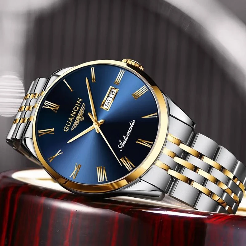 GUANQIN Роскошные мужские часы, оригинальные автоматические механические часы из нержавеющей стали с датой недели, деловые водонепроницаемые часы для отдыха для мужчин