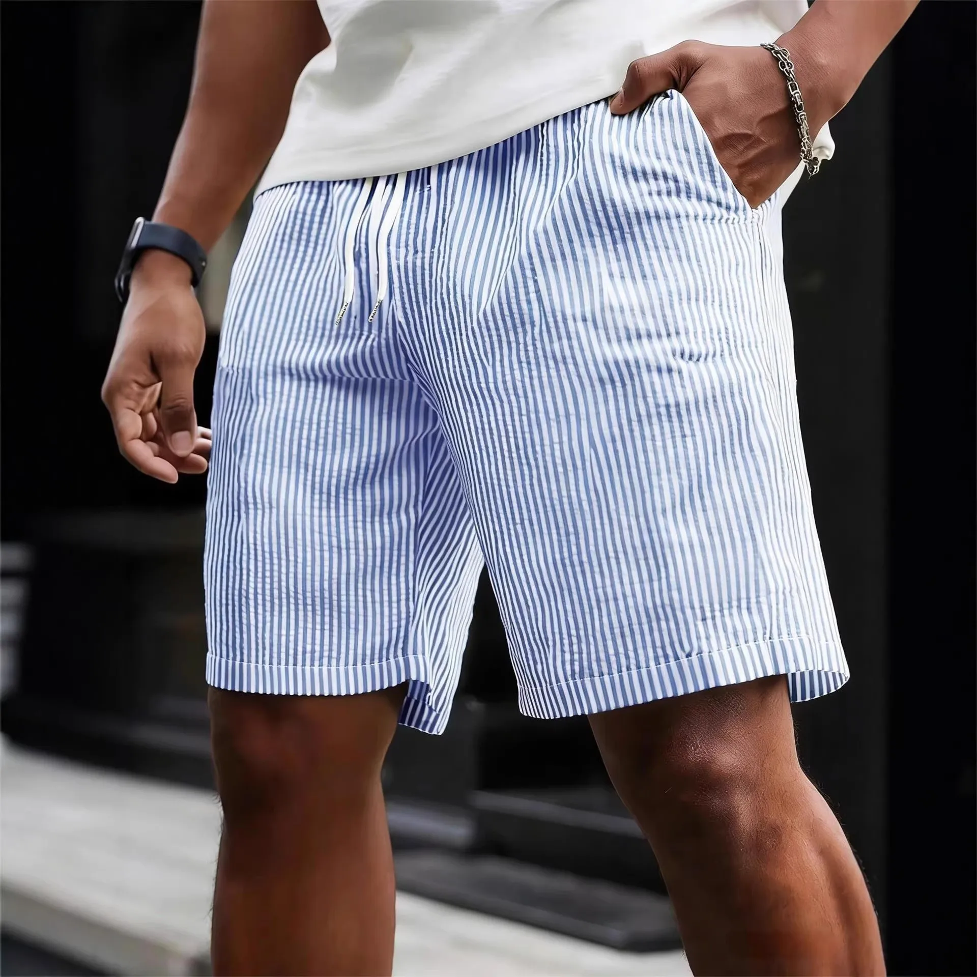 Women's Summer Loose Fit Striped Drawstring Elastic Waist Casual Cotton Shorts for Hot Weather Beach Vacation Knee Length