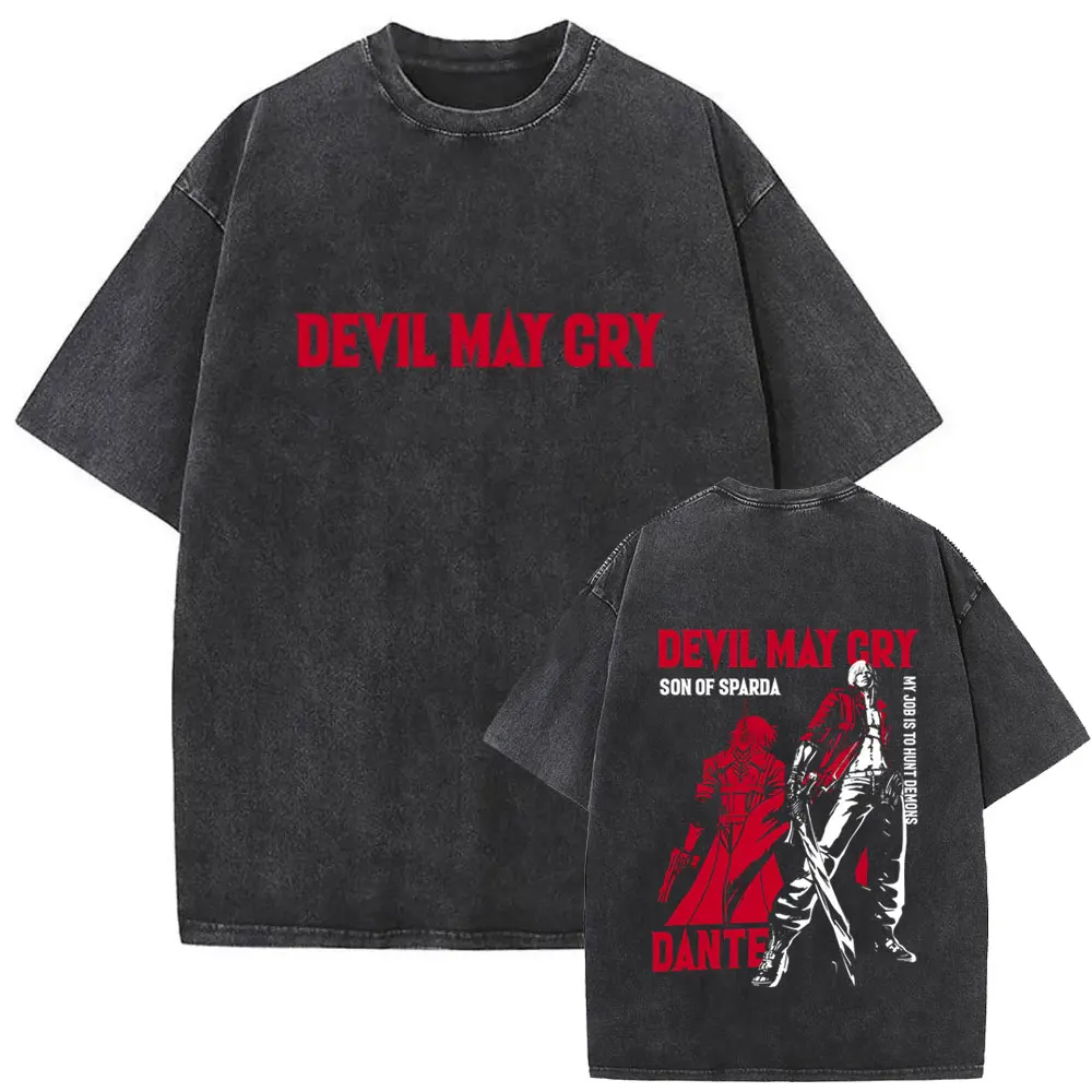 Anime Devil May Cry Son of Sparda Vergil Washed T-shirt Men's Women's Cartoon Oversized Vintage T Shirts Male Fashion Streetwear