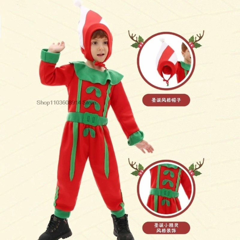 Kids Christmas elf cosplay costumes hat jumpsuits Christmas costumes set Boys Girls Xmas New Year party performance outfits