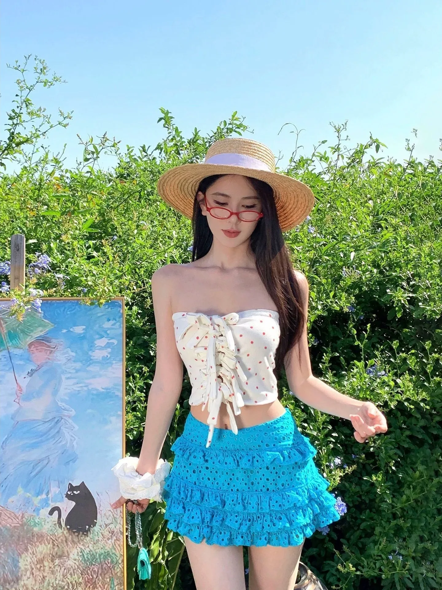 

Bright Bikini Swimwear Women's Summer Blue Cake ort Skirt Island Vaion Thermal Spring Bathing Suit with Strap Polyester