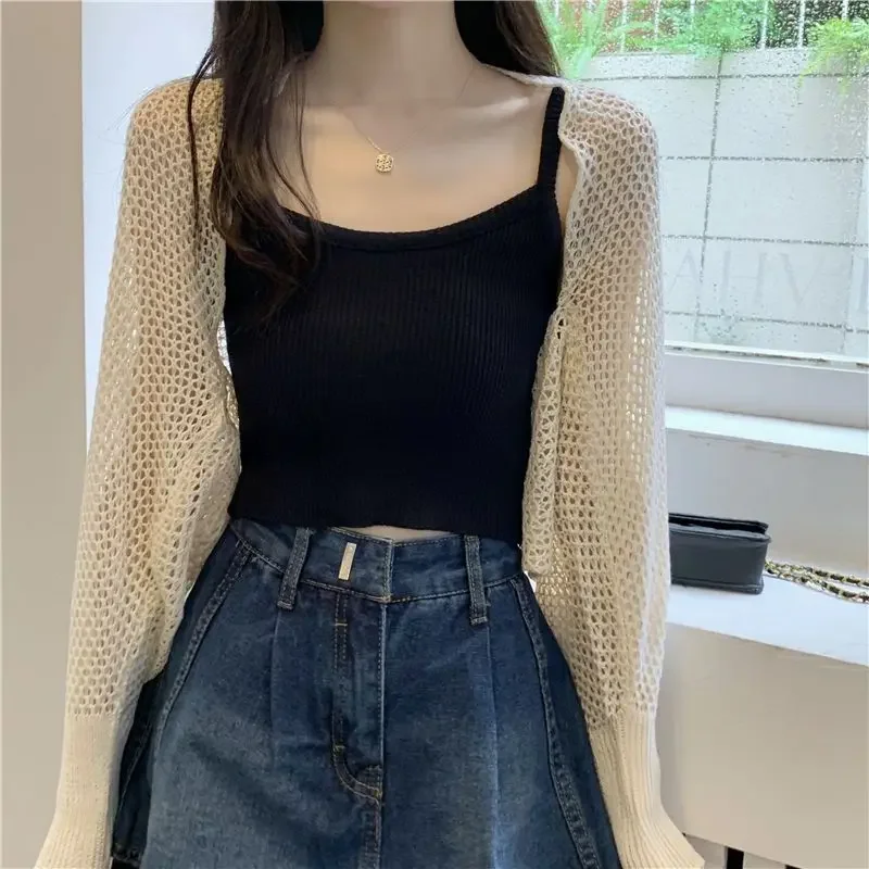 New Spring Summer Women Cropped Cardigan Knitted Tops Shawl Korean Fashion Sun Protection Clothes Long Sleeve Thin Jacket