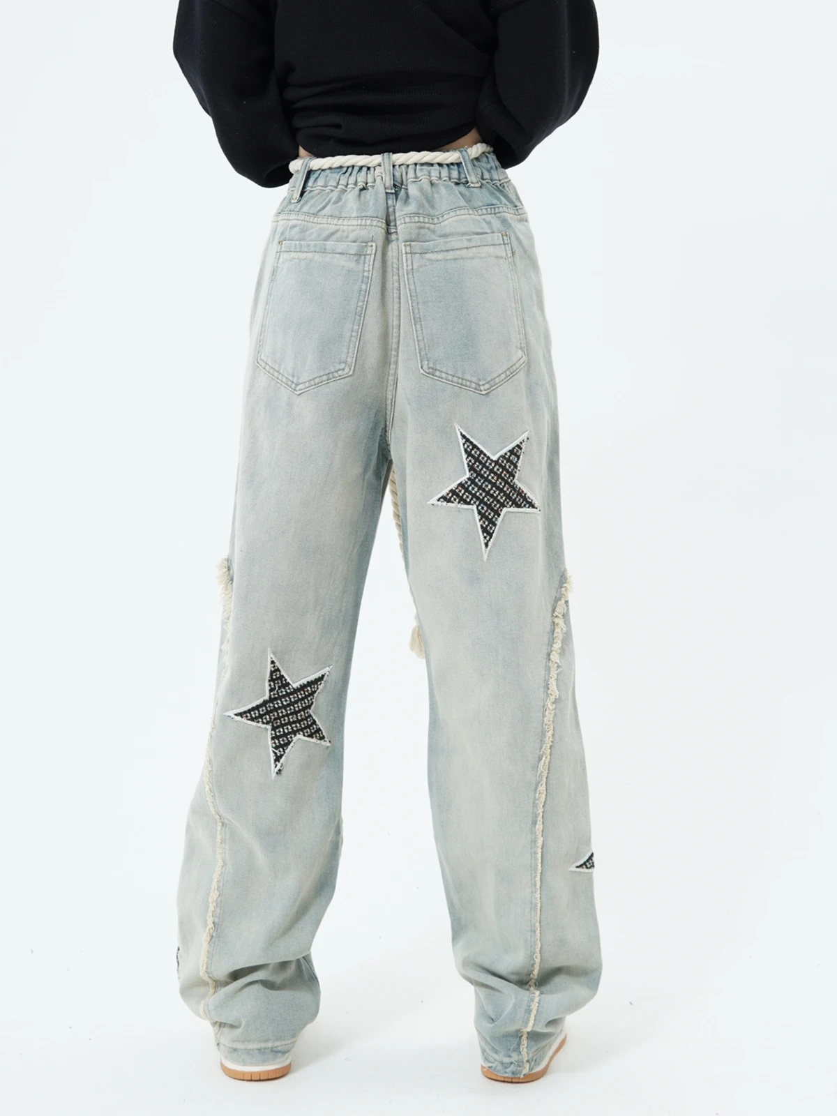 High Quality China-Chic Original Star Embroidery Washed and Worn Jeans Men's Women's Fashionable Straight Trousers Raw Edges Y2k