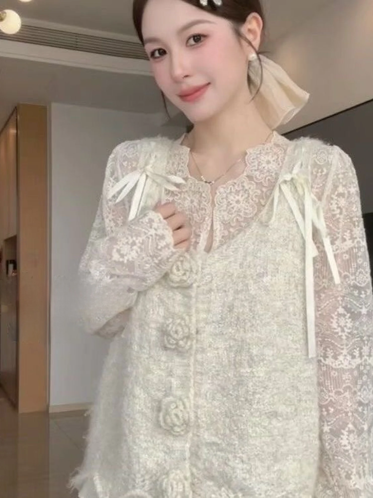 French Style Lace Shirt Women's V-neck Loose Fit Breathable Slimming Base Layer Top Hollow out Design Long Sleeve Casual Wear