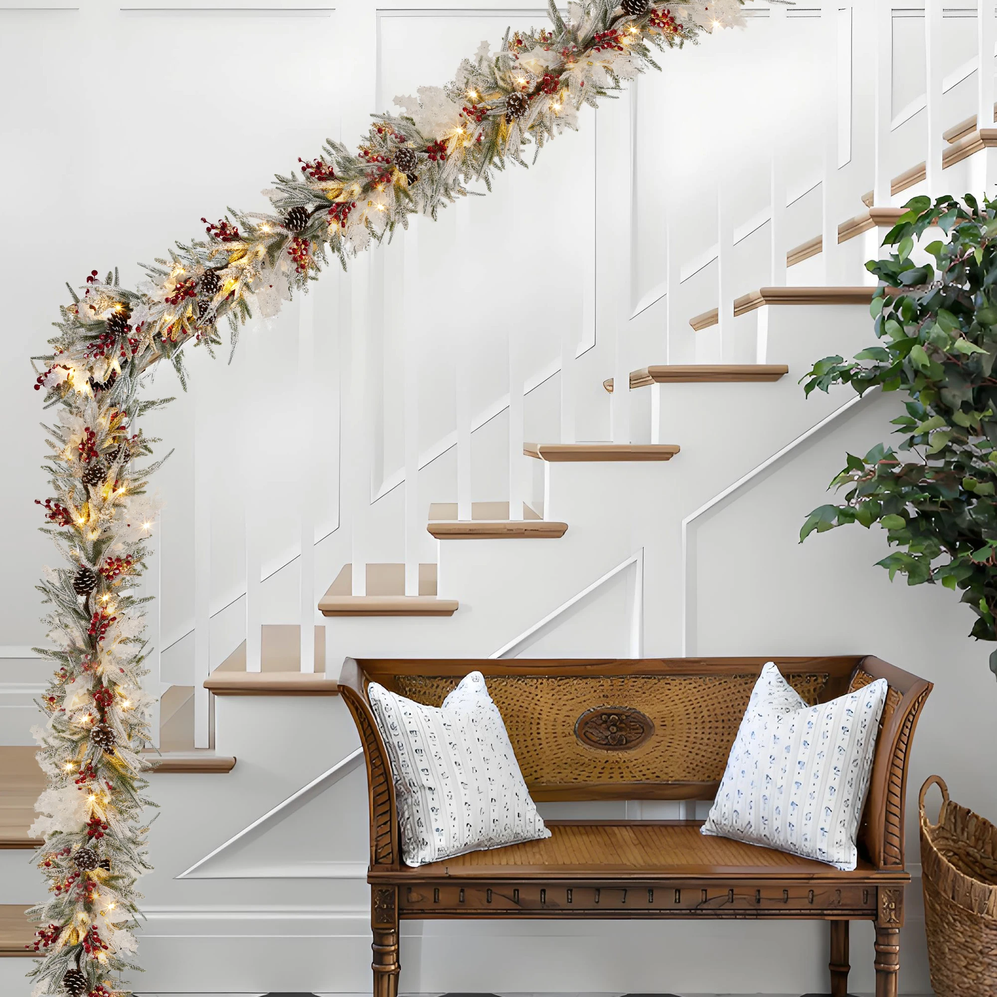 6ft Pre-Lit Christmas Garland - 20 LED Lights, 8 Modes - Real Touch Frosted Pine Greenery with Pine Cones, Red Berries & White Leaves for Mantel, Fireplace, Stairs, Porch Decor - view 7