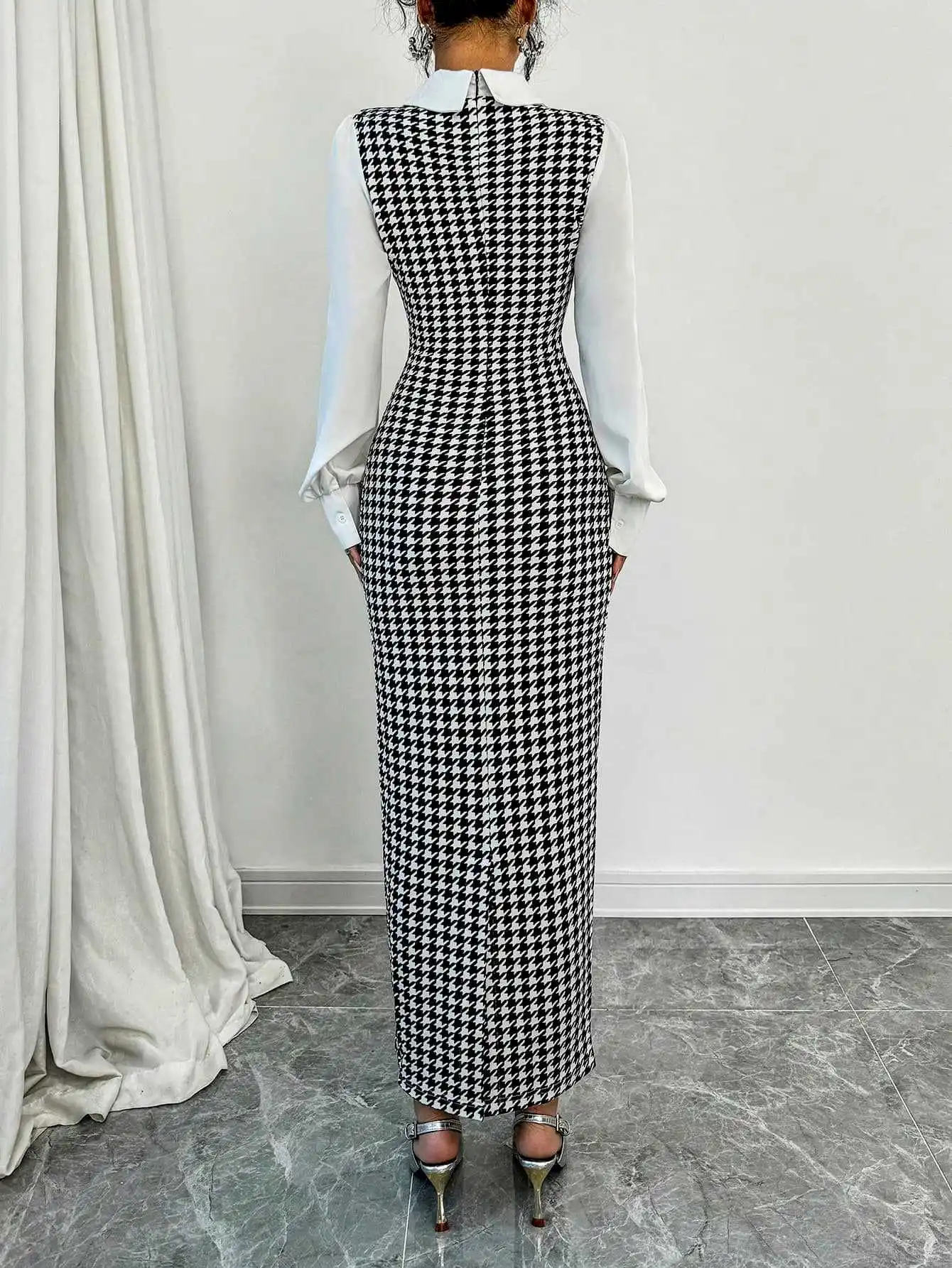 Women's Houndstooth Bodycon Midi Dress Elegant Puff Sleeve Slim Fit Dress for Office/Party - Image 3