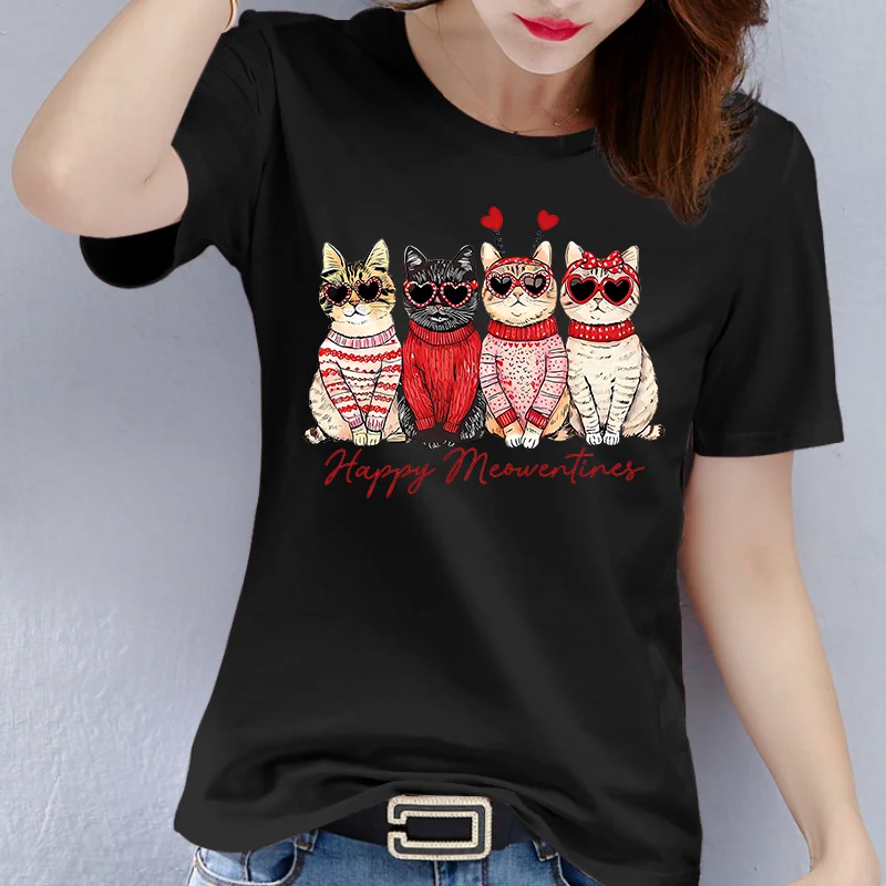 Women's Cotton 100% round Neck Short Sleeve T-shirt with Four Kittens Print Casual Top Hot Sale New Item Cute animals Summer