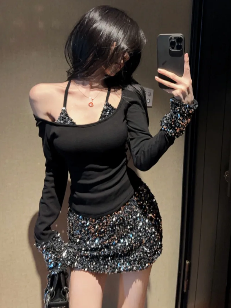 

Bla Long Sve T-irt And Skirt Set Women's Sexy f Body Sparkling Sequin Wrap around Skirt Two Piece Outfit