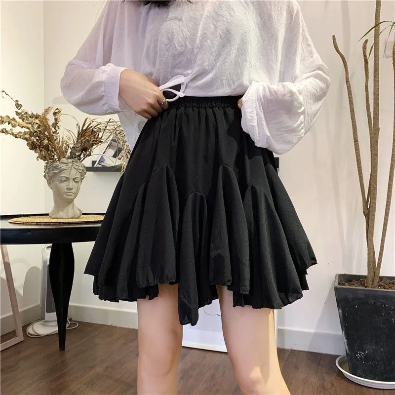 

Skirts Women Solid Irregular Hem Ruffles Korean Style Elegant Mini Skirt Slim Trendy Female Bottom Ulzzang Popular Ins Summer