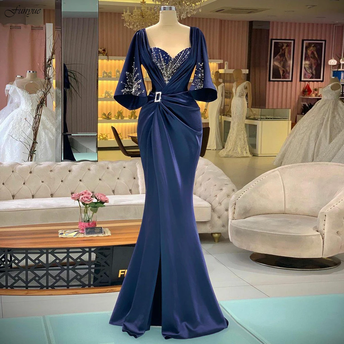 Funyue Robe De Soirée Femme Navy Blue Mermaid Formal Dress Crystal Beading Sweetheart Elegant Evening Prom with Puffy Sleeves