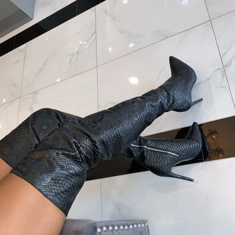 Over The Knee Black Animal Skin Sexy Boots Stilettos High Heel Shoes For Women Side Zipper Pointed Toe 2023 Zapatos Para Mujere