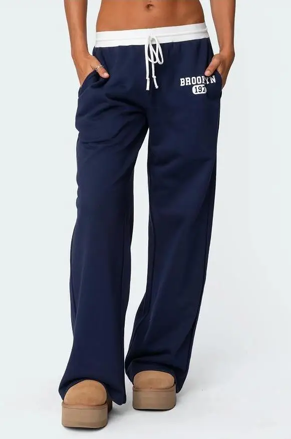 Women's Baggy Sweatpants Stylish Letter Print Mid Rise Wide Leg Drawstring Trousers for Fall and Winter