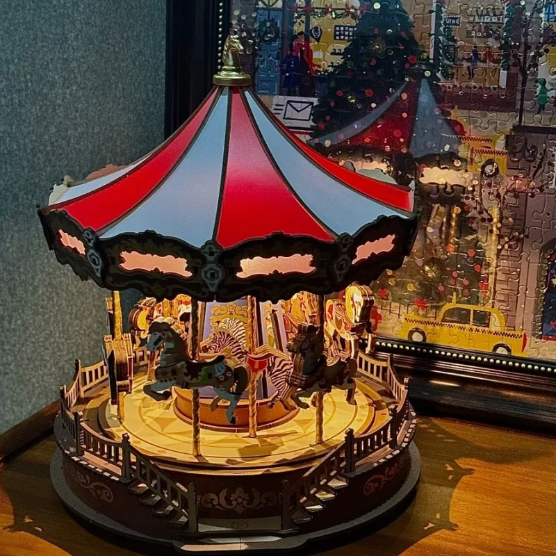 Robotime Carousel صندوق تشغيل الموسيقى ثلاثية الأبعاد لغز خشبي مع أضواء LED والعتاد نموذج بناء البناء الحرفية مجموعات هدايا عيد الميلاد عيد الميلاد #3