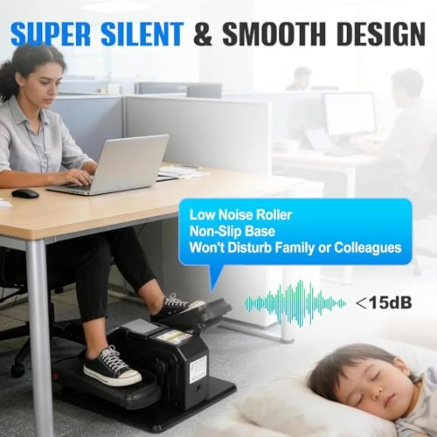Under Desk Elliptical Machine for home use, steel frame, black, quiet motor with 12 speeds, remote control and LCD display