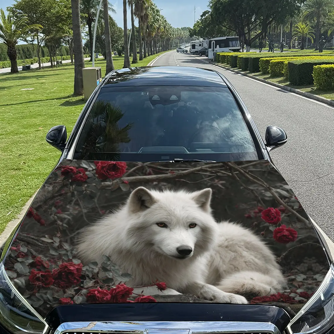 White Wolf and Red Roses Car Vinyl Wrap, PVC Material Waterproof Car Hood Sticker, Self-Adhesive Scratch-Resistant Stickers for