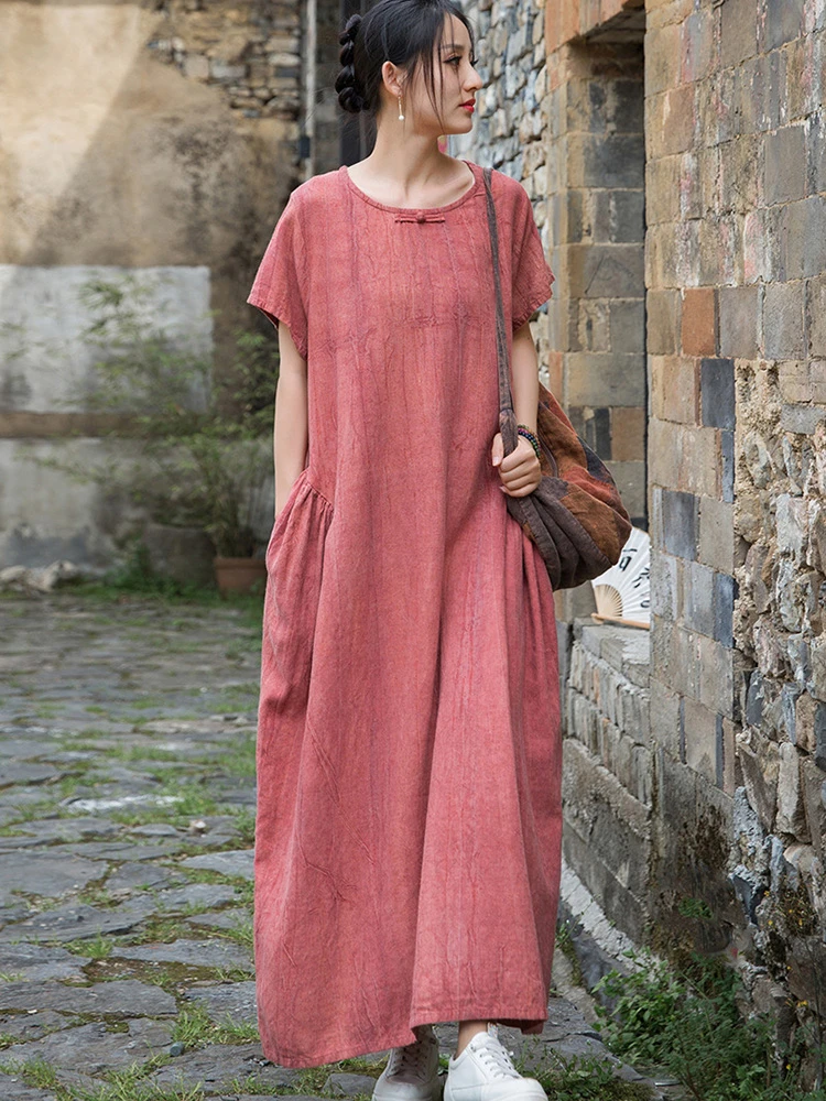

Women Cotton Linen Long Dress New Arrival 2025 Summer Vintage Style O-neck Tie Dye Loose Female Casual A-line Dresses T426