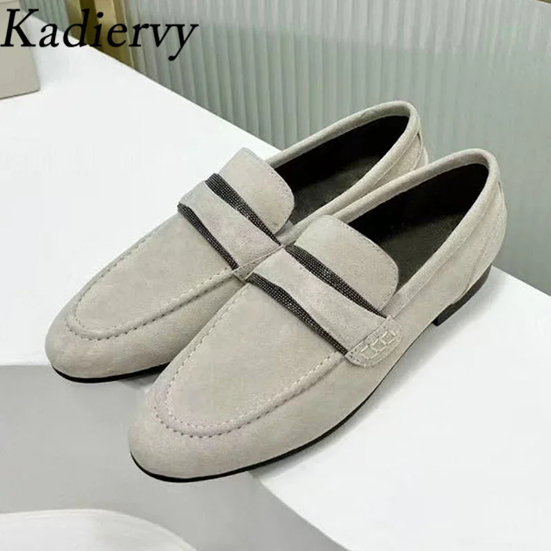 Luxury Suede Leatehr Loafers Woman Round Toe Slip-on Flat Shoes Ladies Chain String Bead Casual Summer Walking Shoes For Women