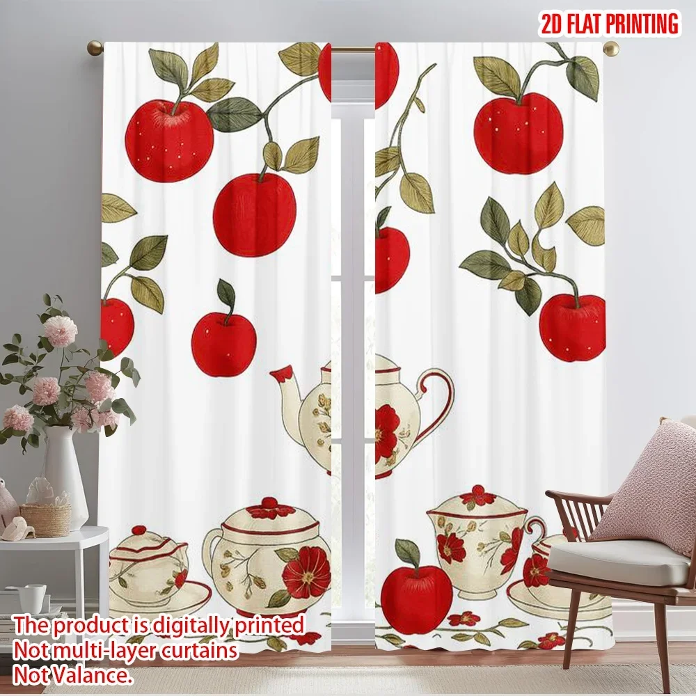 

2pcs,2D plane printing Curtain Fabric Tea and Apples Versatile Polyester Fabric (without rod) Decorations Outdoor Ldeal for