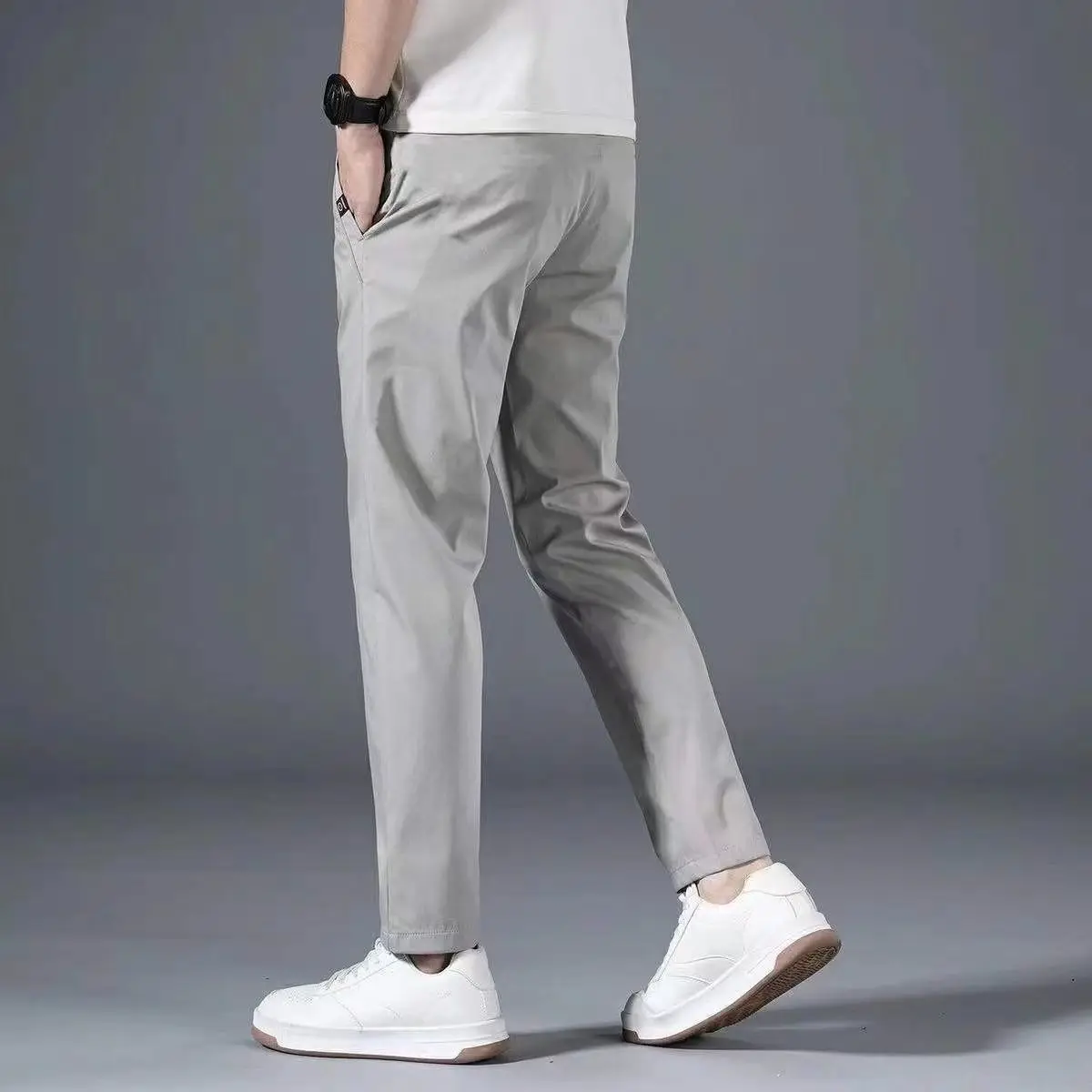 Spring Summer Korean Version Solid Color New All-match Thin Men\'s Clothing Elastic Waist Loose Straight Fashion Casual Trousers