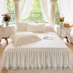 White Lace Embroidery Bedding Bed Skirt Pillowcase Korean Style Washed Cotton Princess Bedspread Mattress Cover Home Textile