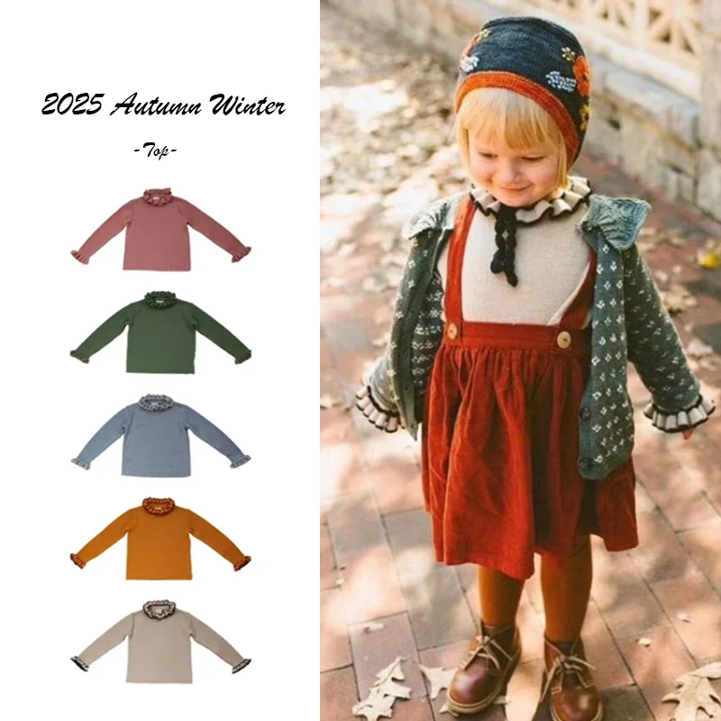 

2025 Autumn Winter Elegant Girls Long Sleeved Base Shirt with Lace Neckline Sweater Inside Suitable for Pairing with Outerwear