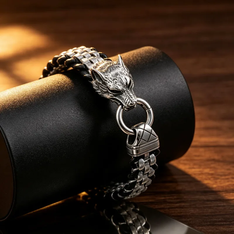 Stainless Steel Nordic Wolf Head Bracelet MenRetro Mesh Chain Animal Bracelet Hip Hop Rock Trend Jewelry-KB93853-BD